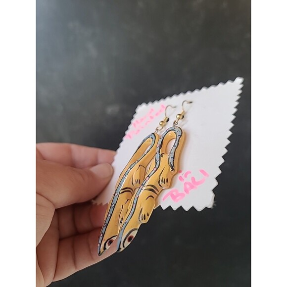 Painted Wooden Dangling Salamander Earrings Vintage Costume Jewelry NOS - Picture 5 of 10